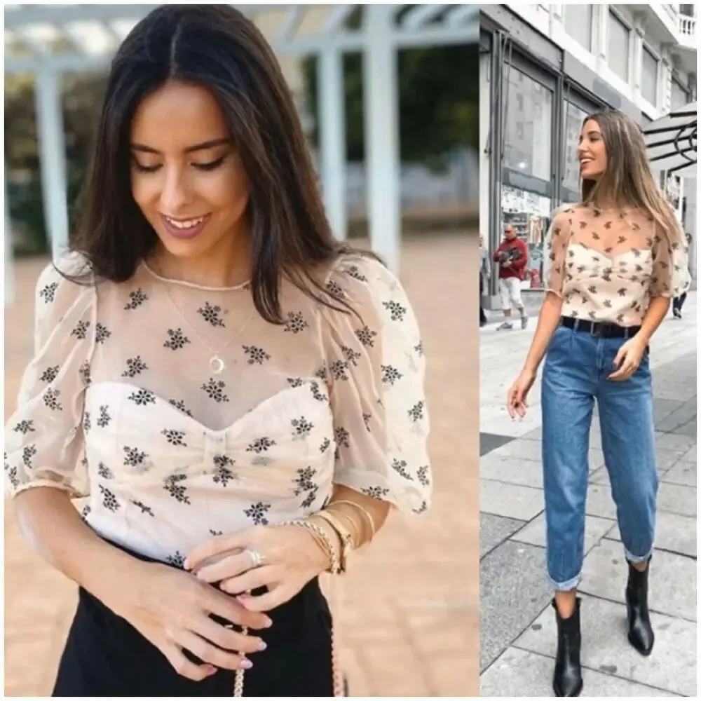 Zara Puff Sleeve Semi Sheer Floral Top